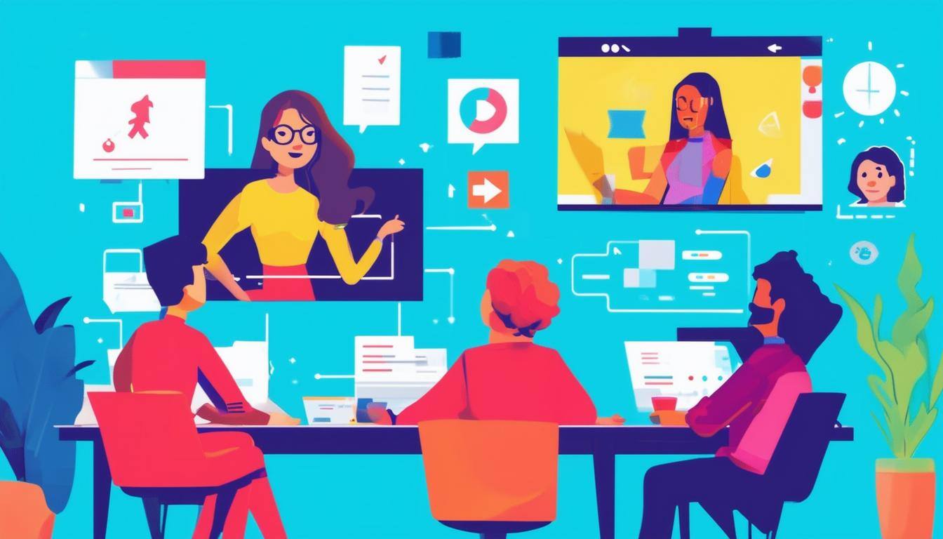 A colorful cartoonish image of a team planning a video